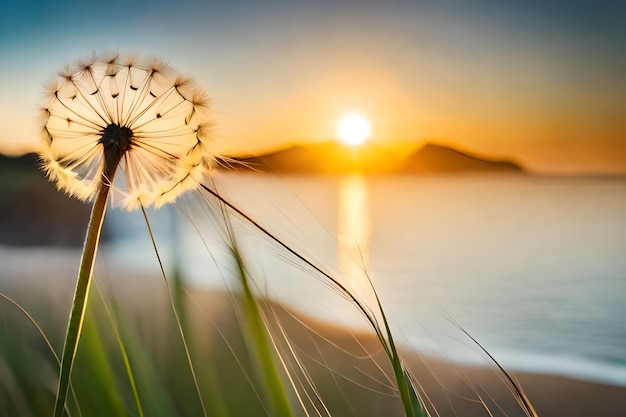 Una puesta de sol con un diente de león en el viento