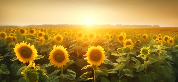 La puesta de sol dorada arroja una luz suave sobre un campo de girasoles