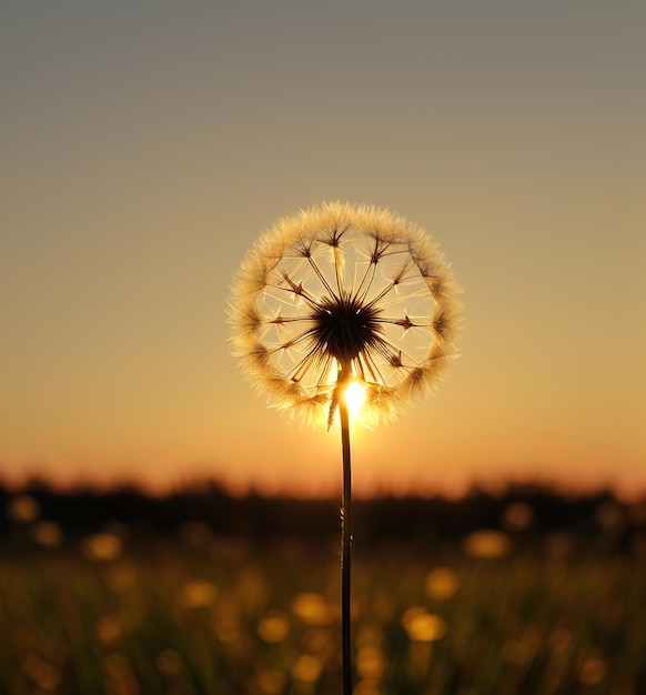 Puesta de sol dorada con diente de león