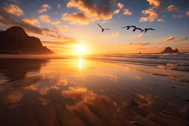 Una puesta de sol dorada con una escena de playa y una gaviota volando en el cielo