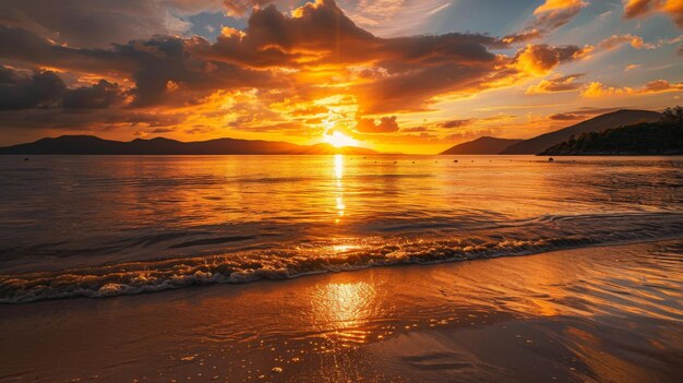 Una puesta de sol dorada que arroja tonos cálidos a través de una playa tranquila pintando el cielo con tonos de naranja y oro creando un espectáculo natural impresionante