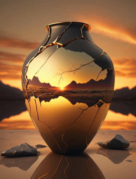 Una puesta de sol dorada reflejada en los pedazos rotos de un frasco.