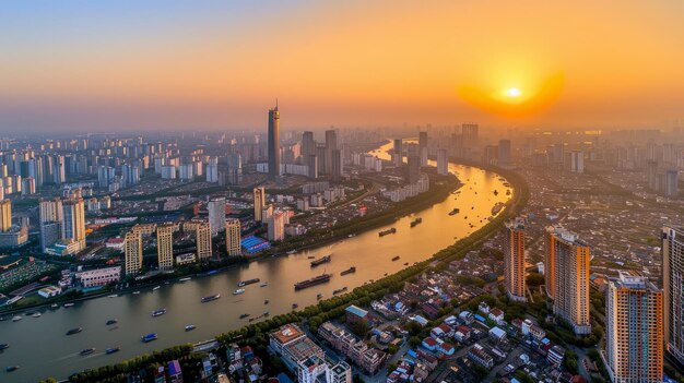 Una puesta de sol dorada sobre un río en una gran ciudad con muchos edificios residenciales y rascacielos