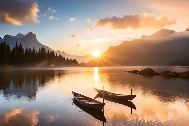 Una puesta de sol con dos canoas en un lago.