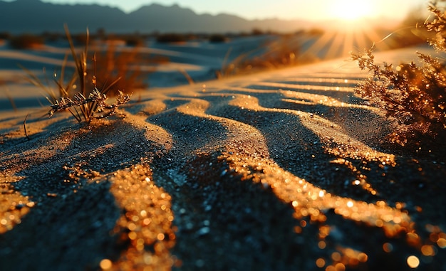 una puesta de sol con una duna de arena y montañas en el fondo