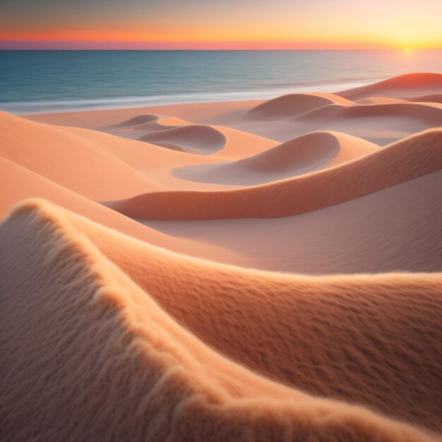 Foto una puesta de sol con dunas de arena y agua al fondo.