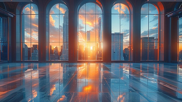 una puesta de sol en un edificio con un reflejo de una ciudad en las ventanas