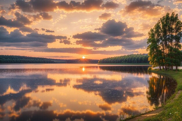 La puesta de sol en el embalse de Zaslavsky Minsk Bielorrusia