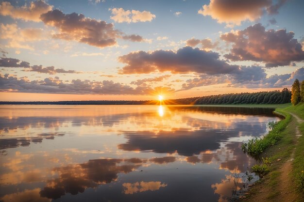 La puesta de sol en el embalse de Zaslavsky Minsk Bielorrusia