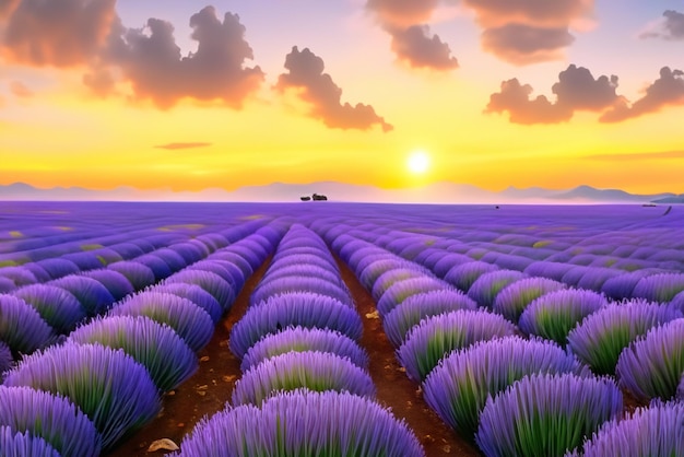 La puesta de sol enciende el cielo en rojos ardientes y naranjas pintando los interminables campos de lavanda en audaz contraste