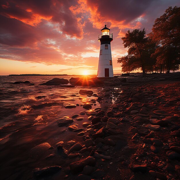 Foto la puesta de sol es un hermoso resplandor sobre el faro.