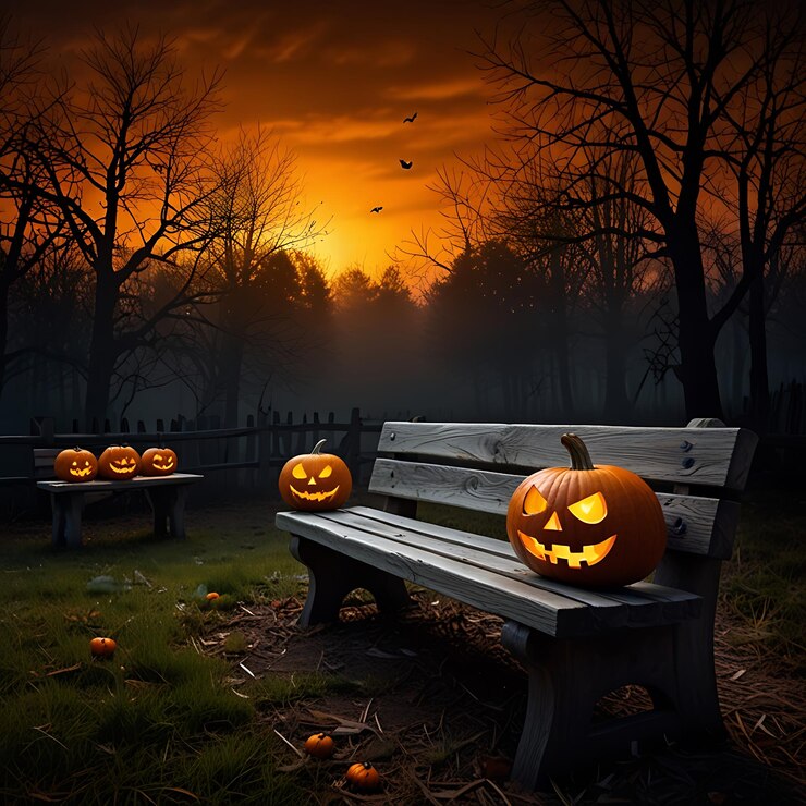 Una puesta de sol espeluznante en el bosque con los ojos brillantes linternas de un banco de madera en una aterradora noche de Halloween