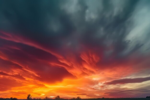 La puesta de sol está sobre un campo al estilo de la turbulencia colorida turquesa oscuro y rojo