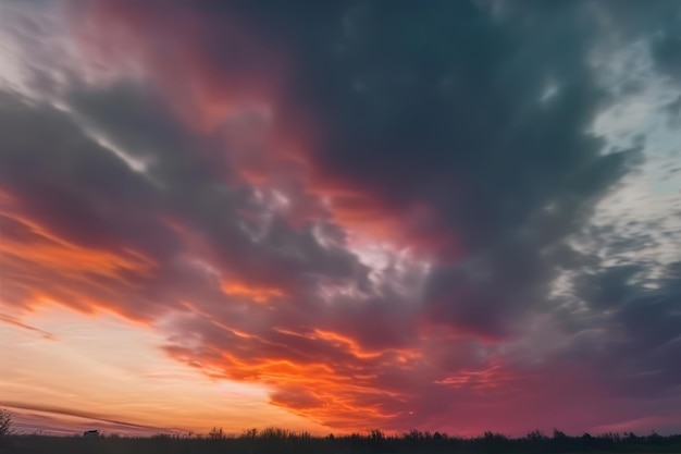 La puesta de sol está sobre un campo al estilo de la turbulencia colorida turquesa oscuro y rojo