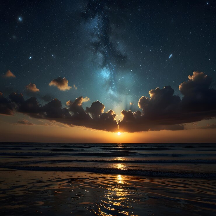 una puesta de sol con una estrella en el cielo y las nubes en el fondo
