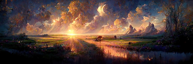 Puesta de sol de fantasía, puesta de sol, naturaleza, naranja, luz. paisaje al atardecer. Ilustración digital