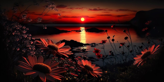 Una puesta de sol con flores y la puesta de sol sobre el agua.
