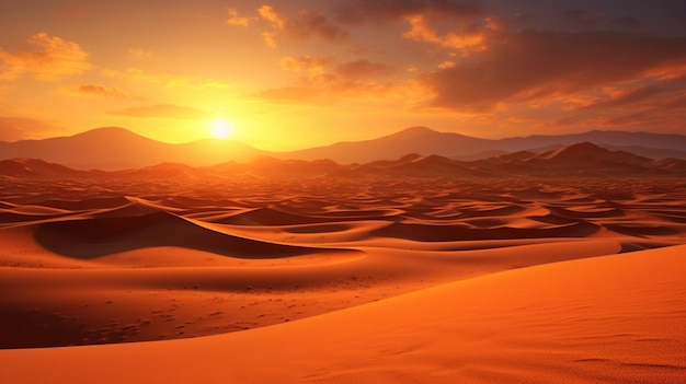 La puesta de sol en un fondo de dunas del desierto