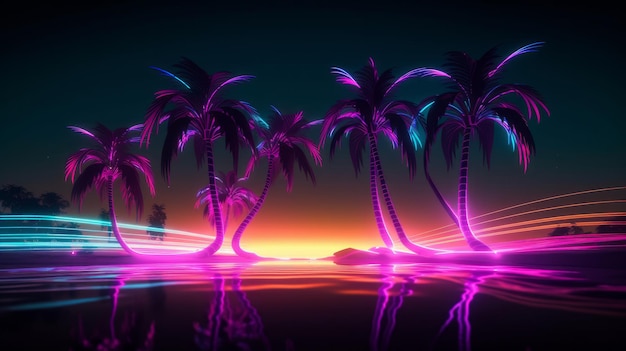 Puesta de sol futurista abstracta con palmeras en colores neón Ai generativo