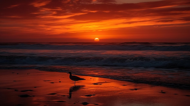 Una puesta de sol con una gaviota en la playa.