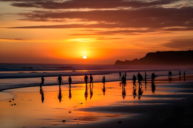 Una puesta de sol con gente en la playa y el sol se está poniendo.