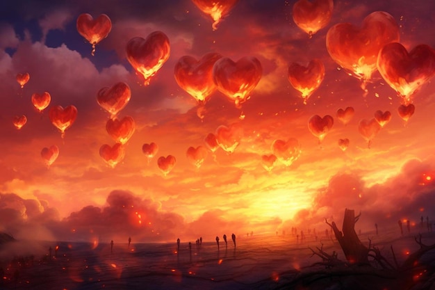 una puesta de sol con un globo en forma de corazón en el cielo