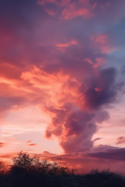 Una puesta de sol con una gran nube en el cielo sobre un campo