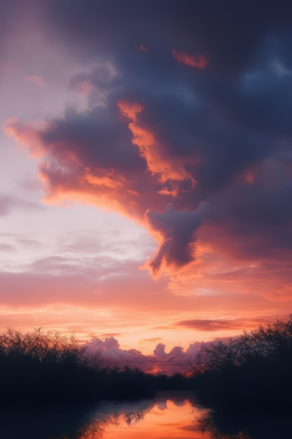 Una puesta de sol con una gran nube en el cielo sobre un campo