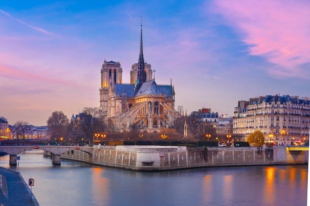 Puesta del sol grandiosa pintoresca sobre la catedral de notre dame de parís francia