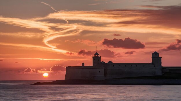 La puesta de sol con hermosas nubes cerca de Fort Pembroke en Guernsey