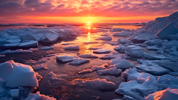 Puesta de sol y hielo en el mar o cambio climático IA generativa