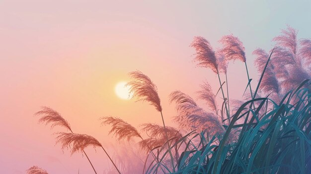 Foto puesta de sol con hierbas coloridas en el estilo de la estética vintage