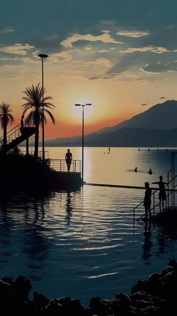 una puesta de sol con un hombre caminando en el borde de una piscina
