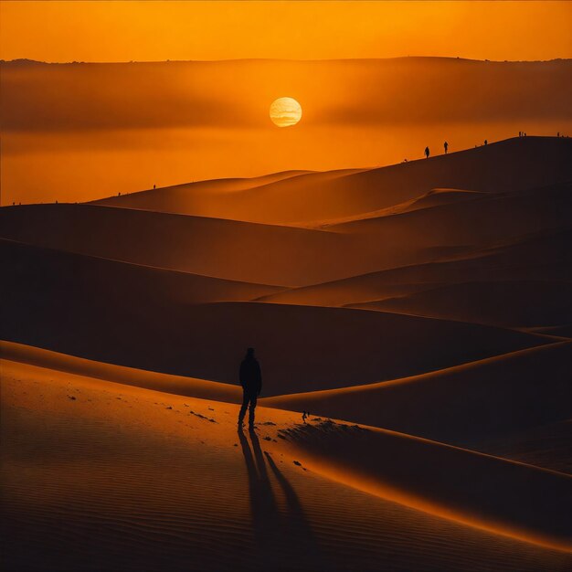 Foto la puesta de sol con un hombre perdido en el desierto