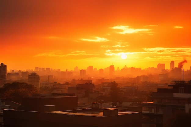 Puesta de sol de hora dorada, un paisaje urbano borroso y una calidez de olas de calor