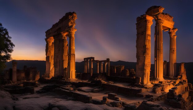 Foto la puesta de sol está en el horizonte y el cielo es un hermoso escenario