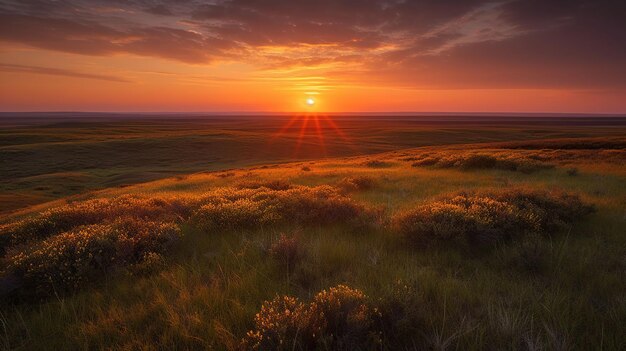 Puesta de sol en el horizonte sobre un vasto paisaje parque nacional de pastizales val marie saskatchewan canadá ai generativo