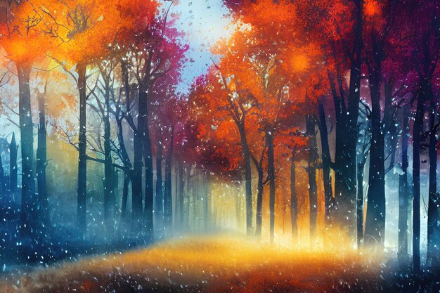 Puesta de sol en la ilustración de color de otoño de bosque