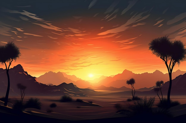 Puesta de sol en la ilustración digital del desierto