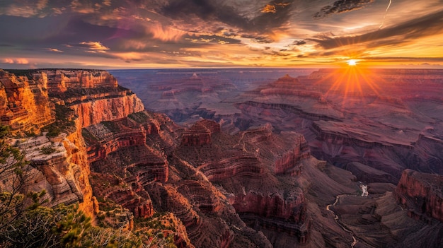 Una puesta de sol impresionante envuelve los acantilados en capas del Gran Cañón