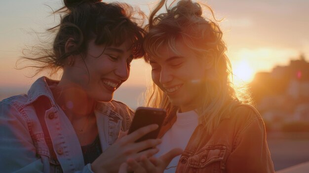 Foto durante la puesta de sol, un individuo no binario comparte un teléfono inteligente con una amiga