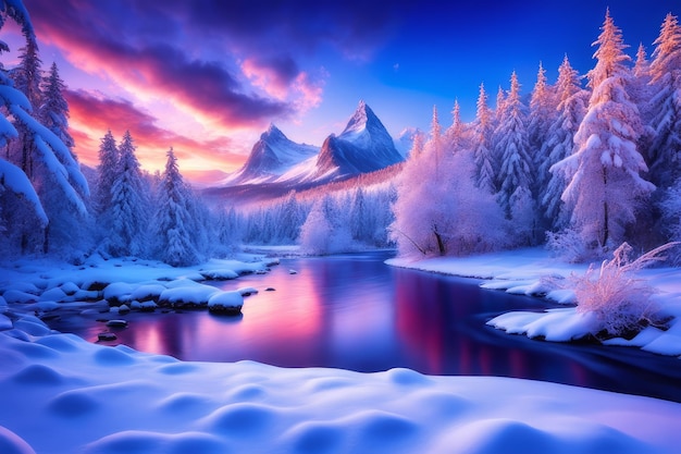 puesta de sol de invierno en las montañas con nieve creada con software de IA generativa