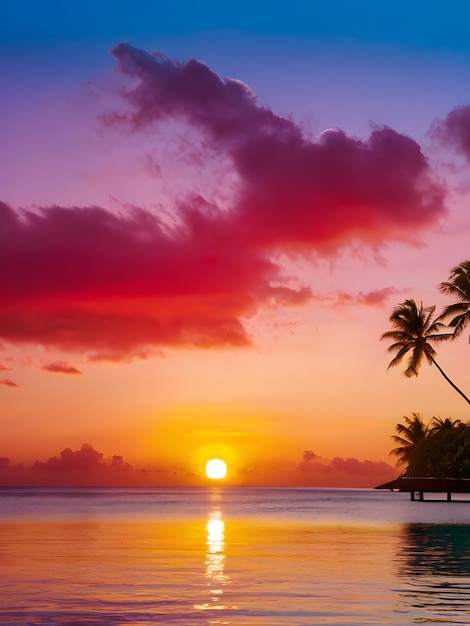 La puesta de sol en la isla de las Maldivas hermoso cielo de puesta de sol y nubes villas de lujo en el agua y caminos de madera