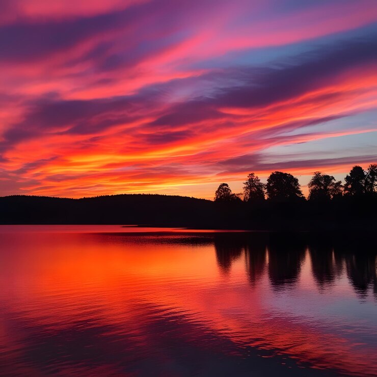 una puesta de sol con un lago y árboles en el fondo