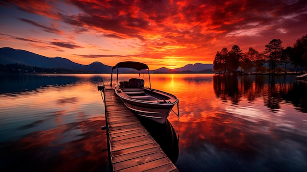 puesta de sol en el lago con un barco