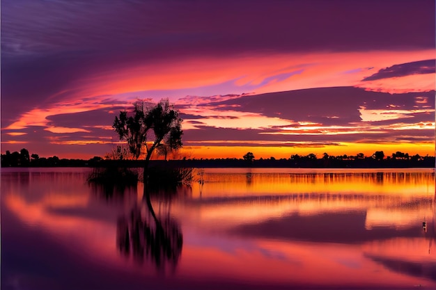 Puesta de sol en el lago. cielo colorido