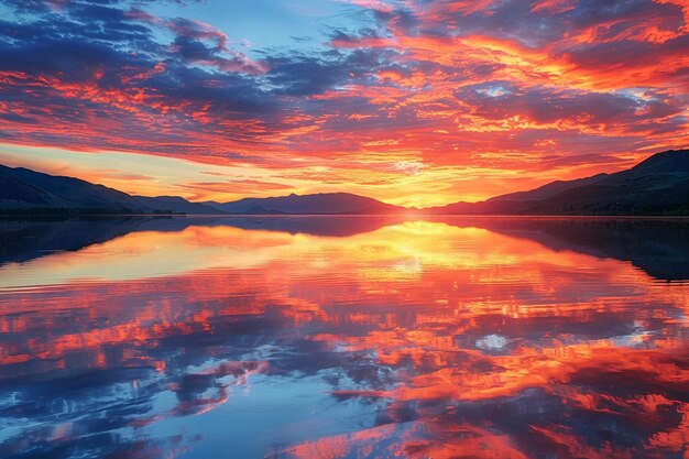 una puesta de sol con un lago y montañas en el fondo