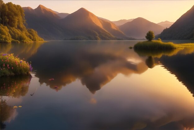 Una puesta de sol con un lago y montañas en el fondo