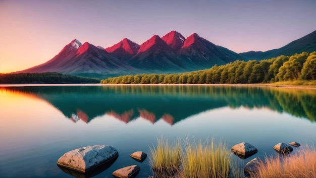 La puesta de sol en el lago en las montañas hermoso paisaje