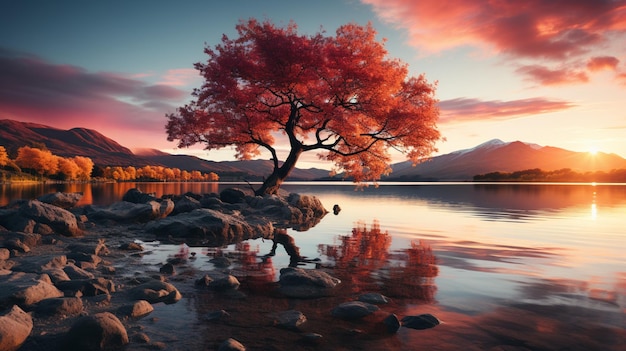 La puesta de sol desde el lago Wanaka, Nueva Zelanda